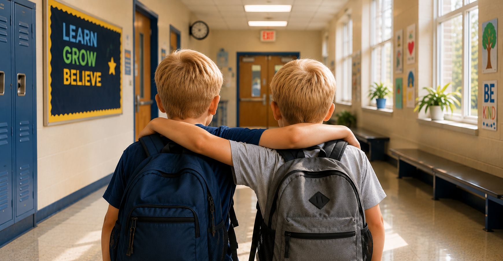 Joshua and Aaron as children in a school hallway